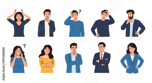 Diverse set of men and women expressing confusion, doubt, and deep thought, through various hand gestures and facial expressions.