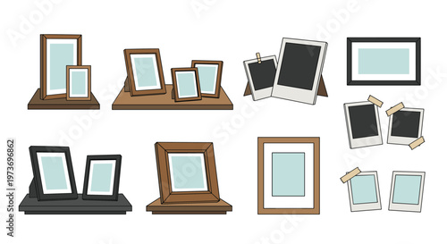 Large collection of different picture frames, including wooden frames, black frames, polaroids, and taped photos for home decor.