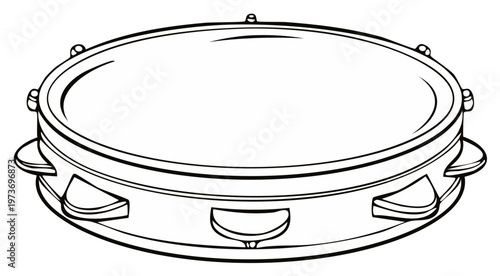 Outlined Percussion Tambourine Illustration: Musical Instrument Icon with Jingle Elements and Membrane Design