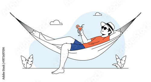 Relaxed young man lying in a white hammock outdoors while holding a tropical cocktail and wearing summer sunglasses.