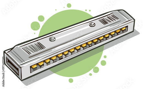 Detailed cartoon illustration of a classic harmonica musical instrument for music sound and entertainment