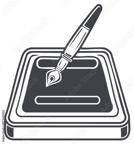 Classic fountain pen dipping into an inkwell illustration for writing and drawing