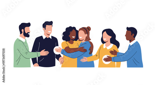 Diverse group of happy friends and colleagues greeting each other with warm hugs and handshakes on a white background.