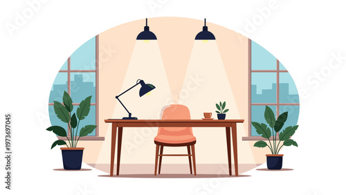 Minimalist and quiet home workspace featuring a clean wooden desk, comfortable chair, desk lamp, and indoor plants by two large bright windows.