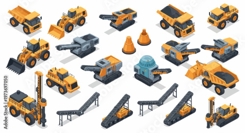 Collection of Isometric Construction Vehicles and Equipment Set.