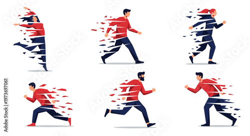 Conceptual illustration of people running and walking with a digital glitch effect representing motion and speed.