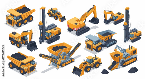 Collection of Yellow Construction and Mining Heavy Machinery Vehicles.