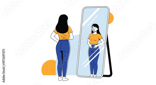 Confident young woman standing in front of a full length mirror and admiring her reflection in a bright casual outfit.