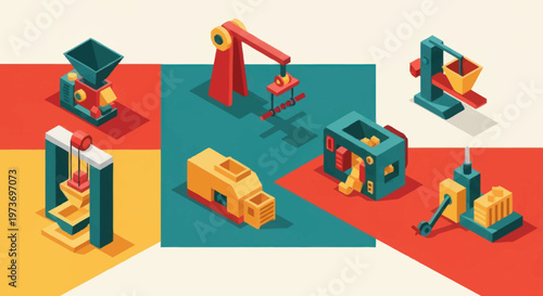 Set of Isometric Industrial Manufacturing Machines and Equipment.