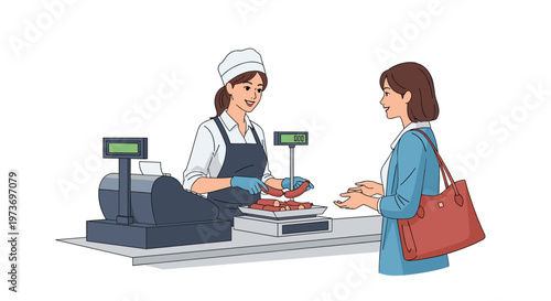 Friendly female butcher in uniform serving a customer at a meat counter while weighing sausages on a digital scale.