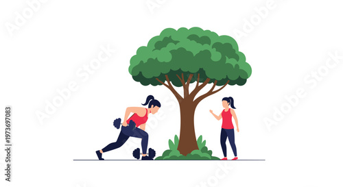 Fit woman performing dumbbell rows during an outdoor workout session with a personal trainer near a large green tree.