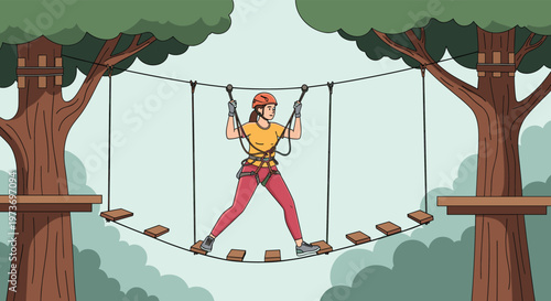 Brave woman navigating a challenging ropes course obstacle in a forest while wearing a safety helmet and harness gear.