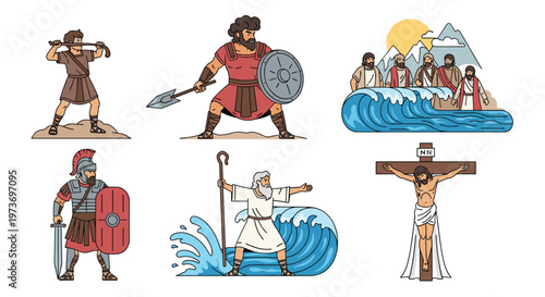 Collection of historical and biblical figures including Moses parting the sea, David and Goliath, and a Roman soldier.