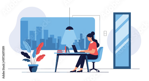 Dedicated woman working on a laptop at her desk in a modern office with a city skyline view through the window at night.