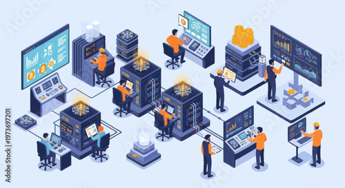 Isometric Data Center with People Working on Servers.