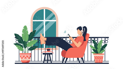 Young woman relaxing on her balcony in a comfortable armchair while listening to music through headphones on a phone during a quiet afternoon.