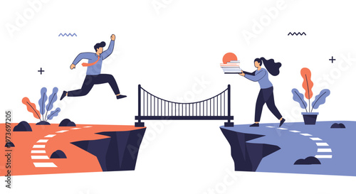Conceptual illustration of people bridging a gap between two cliffs to represent cooperation and successful problem solving.