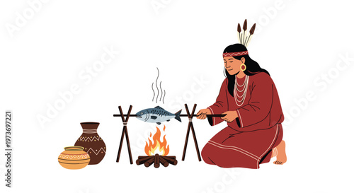 Indigenous woman in traditional red clothing cooking a fish over an open fire outdoors next to handmade pottery jars.