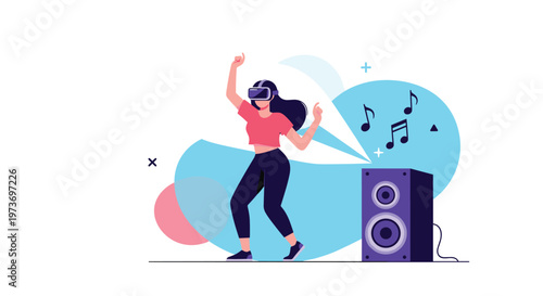 Energetic young woman wearing a virtual reality headset dancing to music from a large speaker in a digital abstract environment.