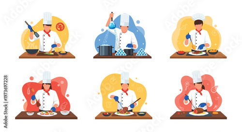 Diverse group of male and female professional chefs in white uniforms preparing different gourmet dishes in a restaurant kitchen.