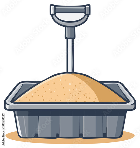 Cartoon illustration of a sandbox filled with sand and a shovel