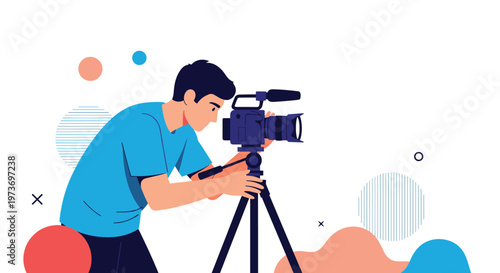 Professional videographer using a high quality cinema camera on a tripod to record video footage in a modern studio setting.