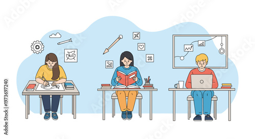 Group of creative individuals working at separate desks performing tasks like sketching, reading, and using a laptop in a shared space.