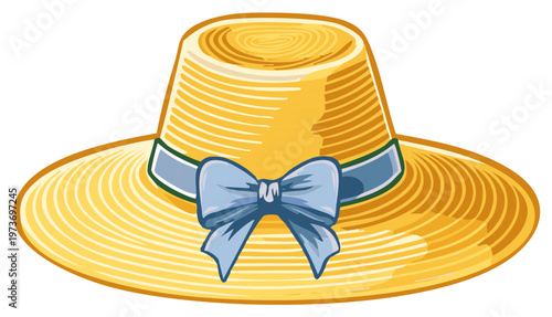 Vibrant yellow straw sun hat with wide brim and decorative light blue ribbon bow accent