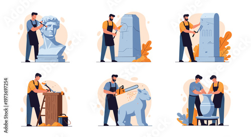 Collection of various sculptors and artists working on different statues and pottery in their creative studio environments.