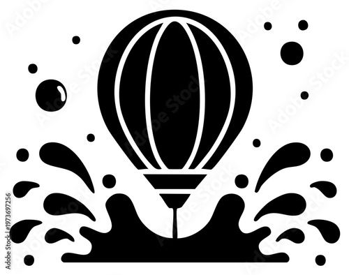 Hot air balloon splashing into water with bubbles and spray