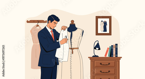 Professional male tailor in a suit fitting a white dress on a fashion mannequin in a boutique or sewing workshop studio.