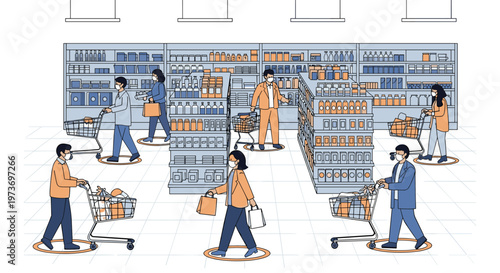 Shoppers wearing protective face masks and following social distancing markers while buying groceries in a modern supermarket aisles.