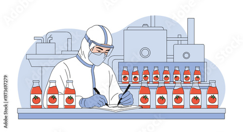 Factory worker in full protective gear performing quality control on bottles of tomato sauce at a food manufacturing production line.