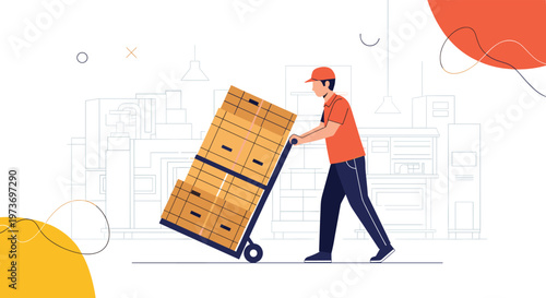 Delivery man in an orange uniform and cap pushing a hand truck loaded with cardboard shipping boxes in a warehouse setting.