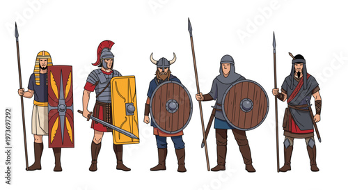 Collection of five diverse ancient warriors and soldiers from various historical cultures including Roman, Viking, and Egyptian.