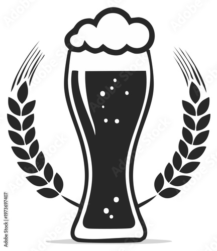 Isolated Beer Glass with Foam and Wheat Stalks Vector Illustration