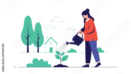 Environmentally conscious woman watering a small green sapling in her garden with a blue watering can near her home and tall forest trees.