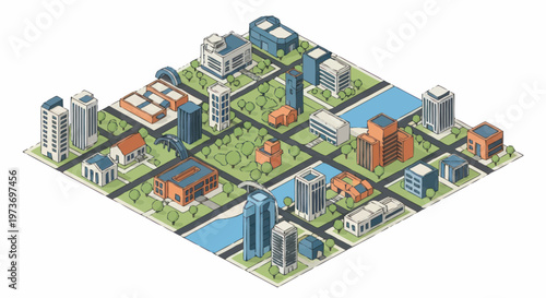 Isometric Cityscape with Buildings and Waterways.