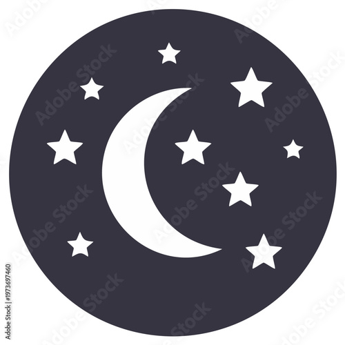 Stylized crescent moon and stars icon set against a dark night sky background