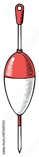 Classic red and white fishing float bobber in a vintage hand drawn illustrated style