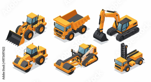 Collection of Isometric Construction Vehicles and Equipment.