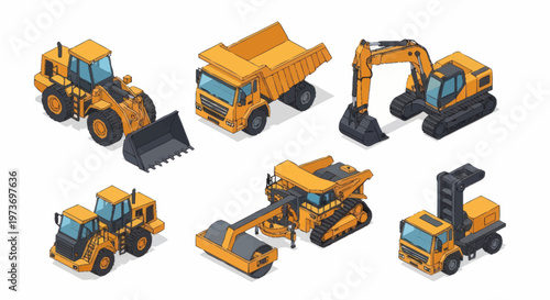 Collection of Isometric Construction Vehicles and Equipment.