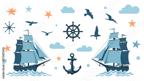 Comprehensive nautical set featuring classic sailing ships, a steering wheel, an anchor, seagulls, and stars against a cloud background.