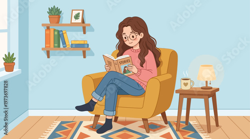 A serene flat design illustration featuring a cute anime girl with glasses, peacefully reading a book in a cozy armchair. Perfect for themes of education, relaxation, and quiet enjoyment.