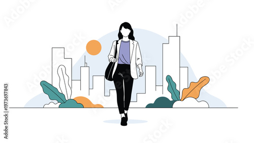 Independent young woman walking confidently through a city street with modern skyscrapers and lush green foliage in the background on a sunny day.