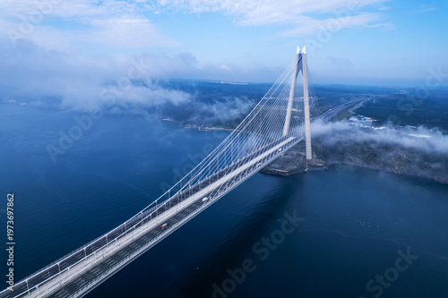 Yavuz Sultan Selim Bridge in Istanbul, Turkey. 3rd bridge of Istanbul Bosphorus. Foggy weather.