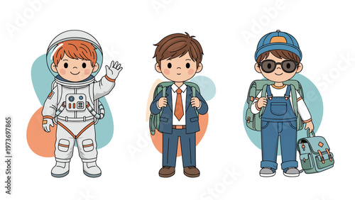 Diverse group of little boys dressed as an astronaut, a businessman, and a student showcasing different career paths for children.