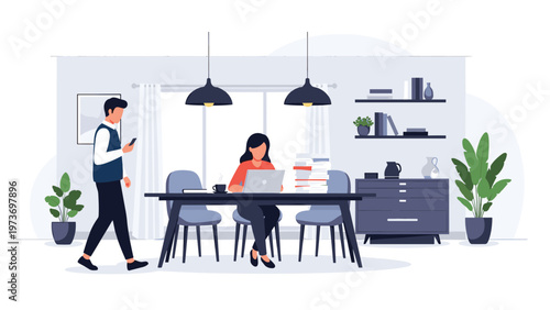 Woman working on a laptop at a large dining table while a man walks by checking his phone in a modern home office setting.