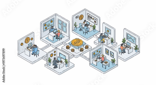 Isometric Illustration of Diverse Workspaces and Collaboration.