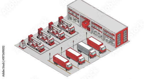 Isometric view of a modern fire station with trucks and vehicles.